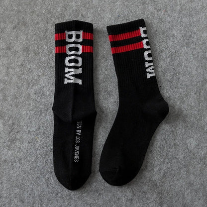 Black ribbed crew socks nice brand with bold white male letter boom and red stripes for female tide european style
