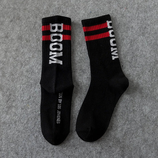 Black ribbed crew socks nice brand with bold white male letter boom and red stripes for female tide european style