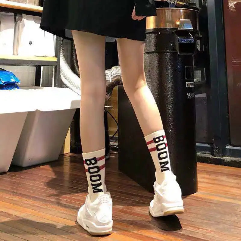 White socks nice brand with bold black male letter boom and red stripes for female tide european streetwear style