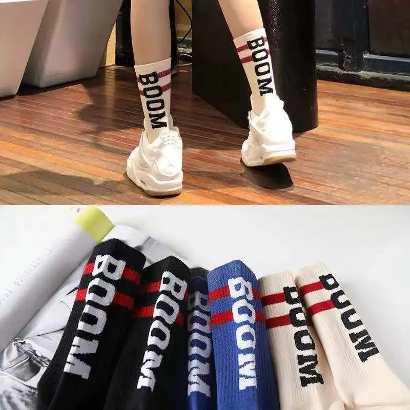 White crew socks nice brand with bold black male letter boom and red stripes for female tide european streetwear
