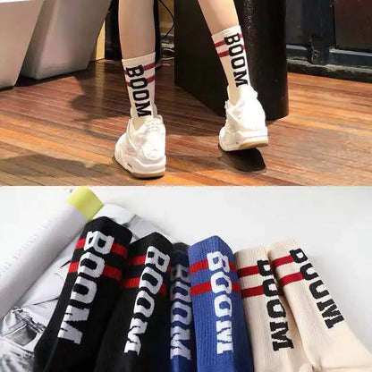 White crew socks nice brand with bold black male letter boom and red stripes for female tide european streetwear