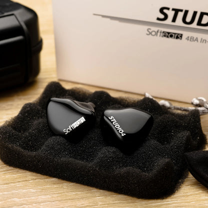 Black softears studio series studio4 in-ear monitors with glossy finish and white branding professional hifi iems