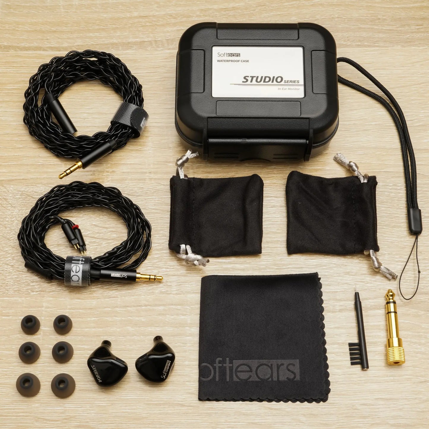 Black softears studio series in-ear monitors with braided cables and matching ear tips crossover professional hifi iems