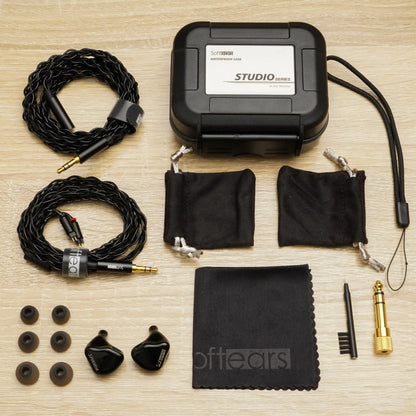 Black softears studio series in-ear monitors with braided cables and matching ear tips crossover professional hifi iems