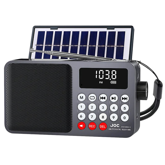 Gray joc solar-powered portable fm radio with built-in antenna digital display usb tf card radio rechargeable bluetooth speaker