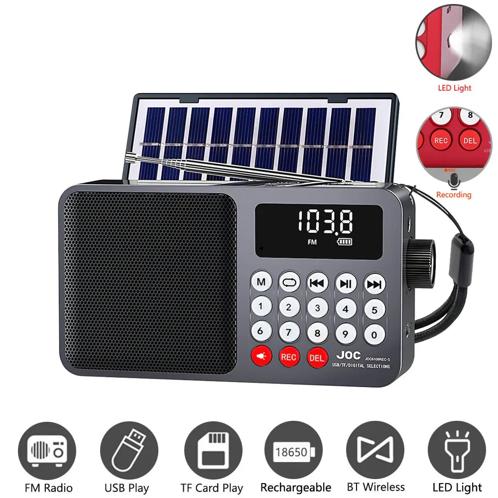 Gray joc brand portable fm radio with solar panel digital display 103.8 red buttons for recording deletion usb tf card