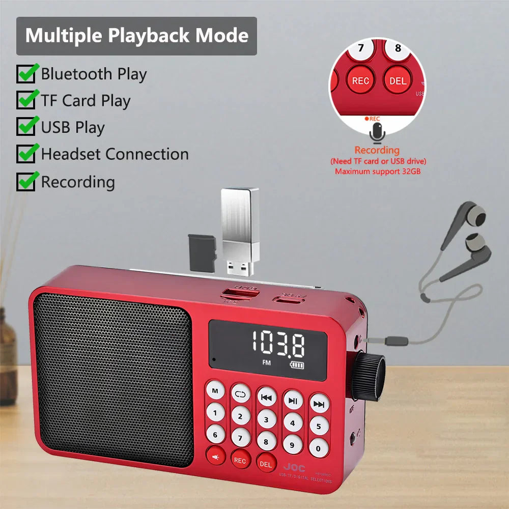 Red joc portable fm radio rechargeable bluetooth speaker with usb tf card play and digital display showing fm 103.8