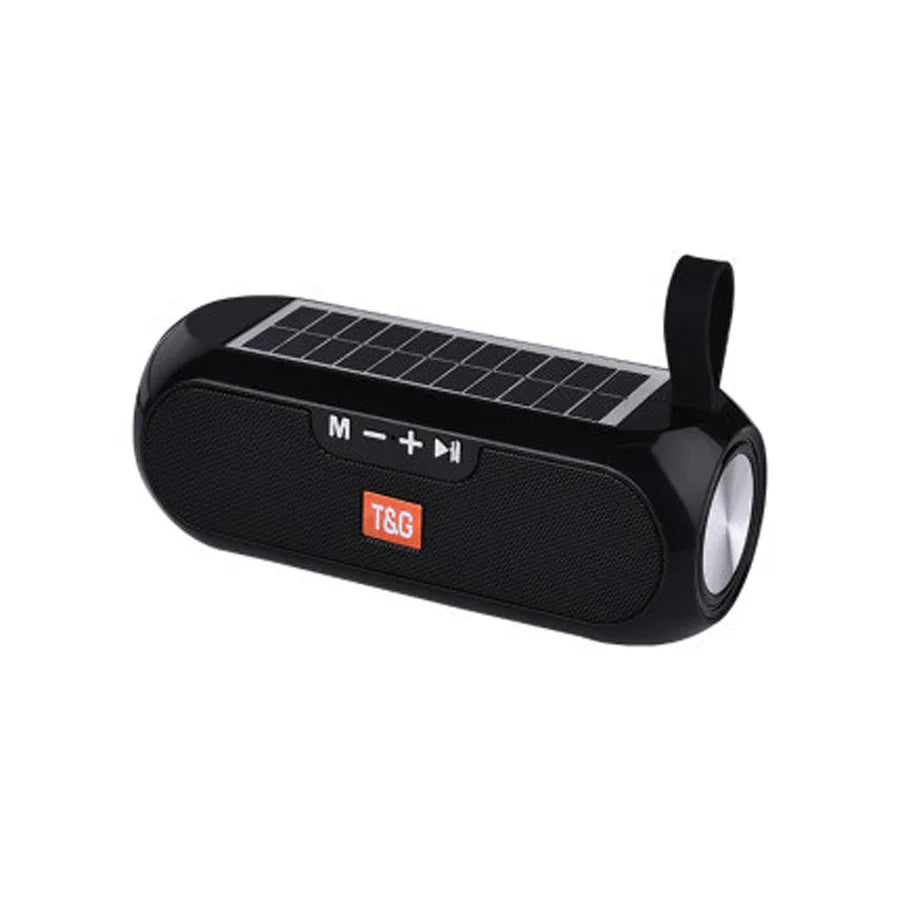 Black t&g solar-powered wireless bluetooth speaker with built-in flashlight and textured surface for radio fm outdoor use