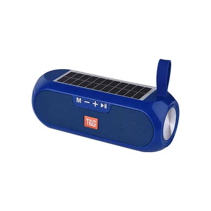 Blue t8g wireless bluetooth speaker with solar panel flashlight sound box subwoofer for radio fm outdoor use