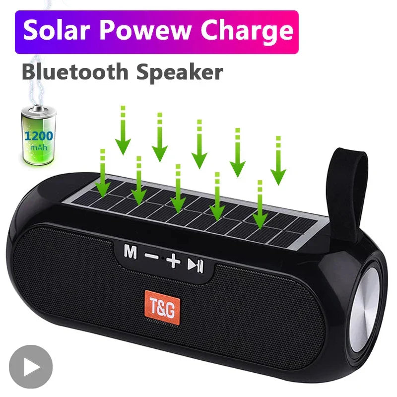Black t&g wireless bluetooth speaker with solar panel top and built-in flashlight for radio fm outdoor use subwoofer bass