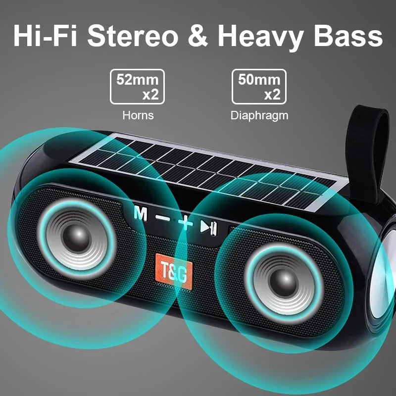 Black t&g portable wireless bluetooth speaker with solar panel dual 52mm horns sound box subwoofer for radio fm outdoor use