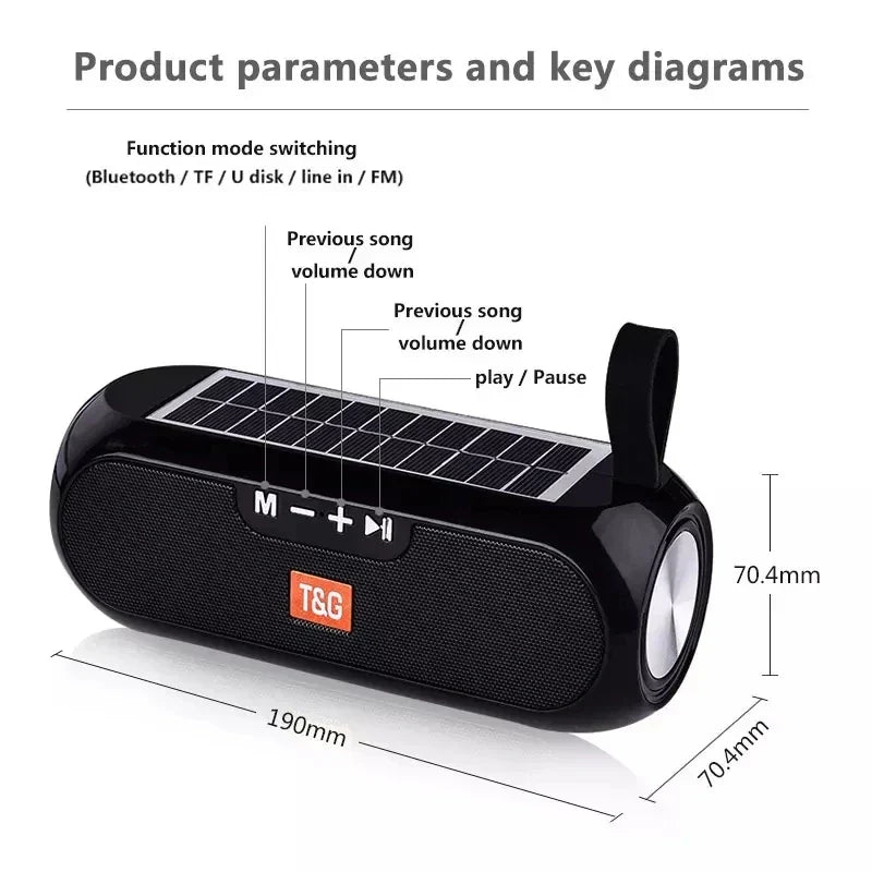 Black t&g solar-powered portable wireless bluetooth speaker with textured grille and silver accent for radio fm outdoor use