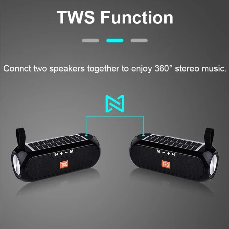 Black t&g wireless bluetooth speaker with solar panels and built-in flashlight for radio fm outdoor use sound box subwoofer