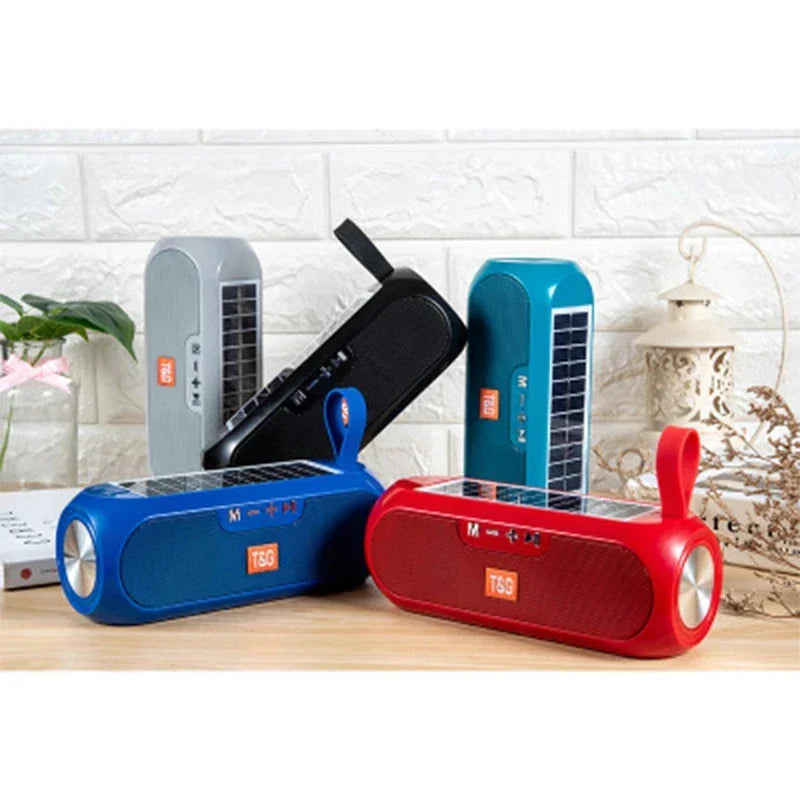 Blue and red t69 solar-powered wireless bluetooth speaker with sleek plastic body and sound box subwoofer for radio fm outdoor use