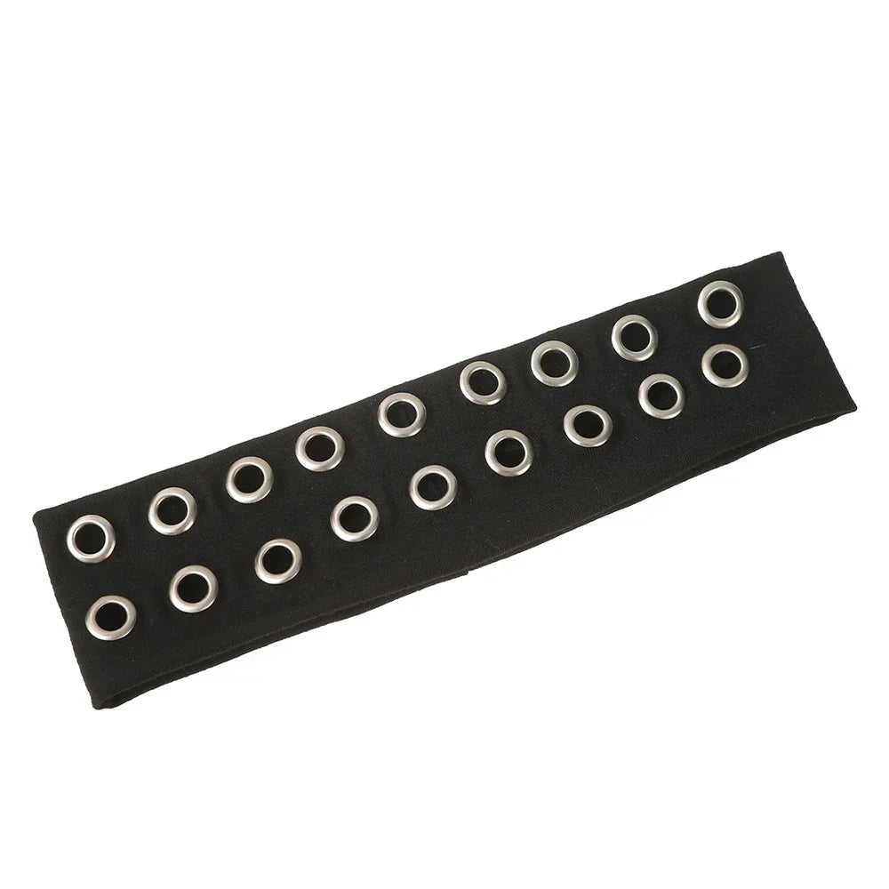Black leather solid color punk metal music headband for women wide headbands with silver-toned grommets