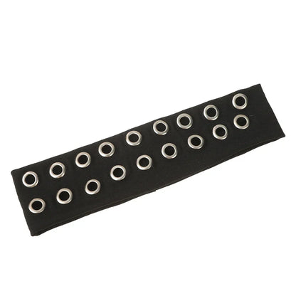 Black leather solid color punk metal music headband for women wide headbands with silver-toned grommets