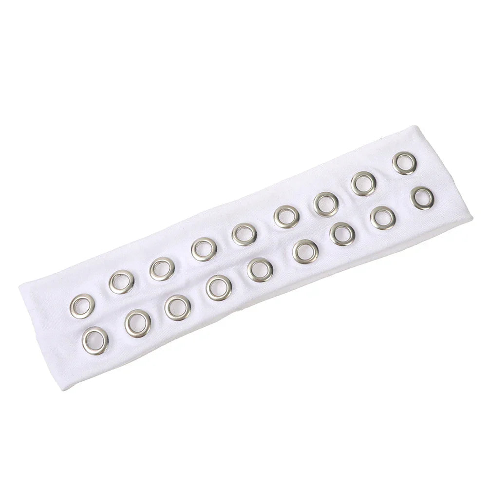 White fabric solid color punk metal music headband with silver-toned grommets for women wide headbands