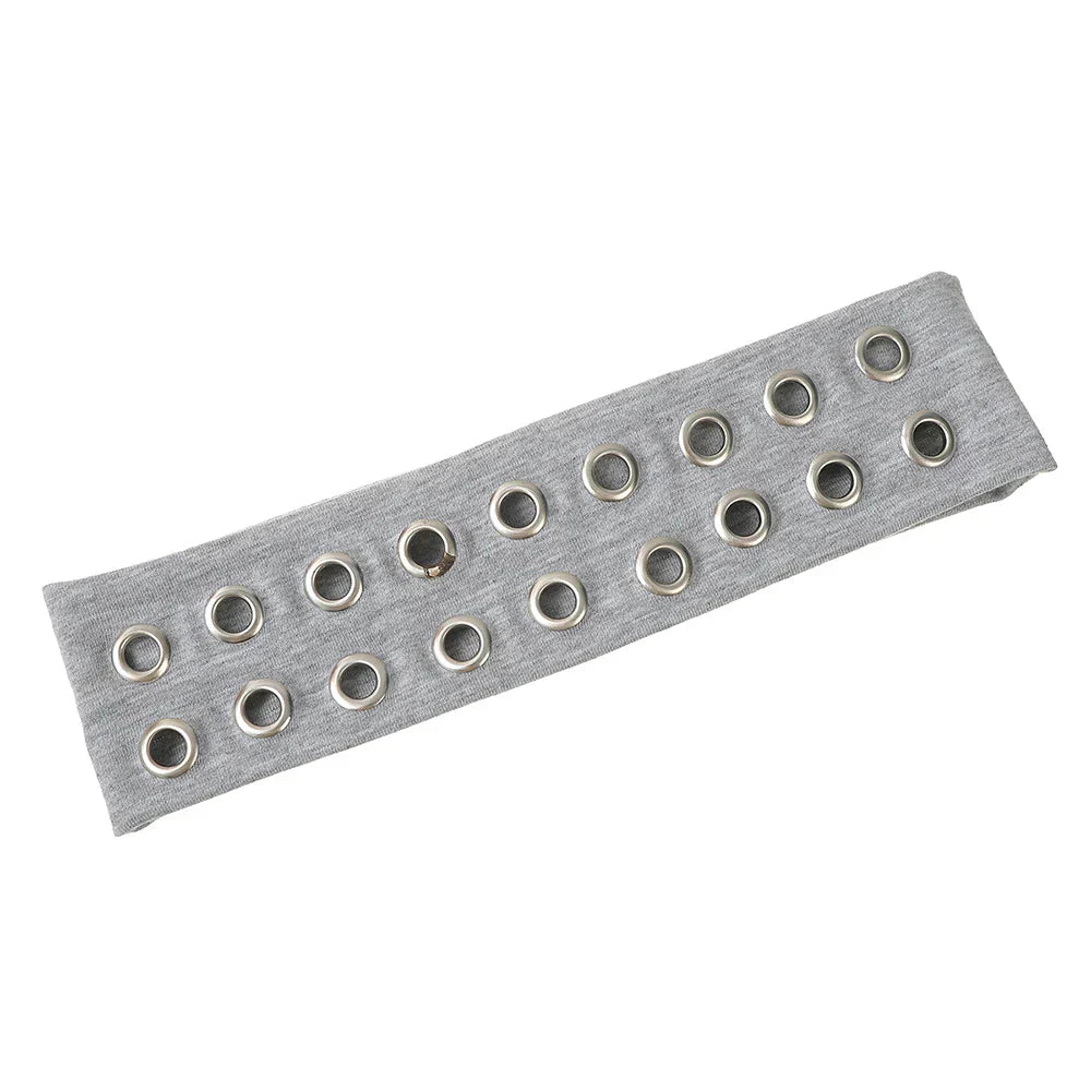 Gray solid color punk metal music headband with silver-toned grommets in a diagonal pattern women wide headbands