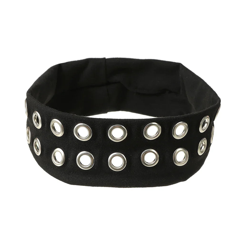 Black fabric women wide headbands with two rows of silver-toned metal grommets solid color punk metal music headband