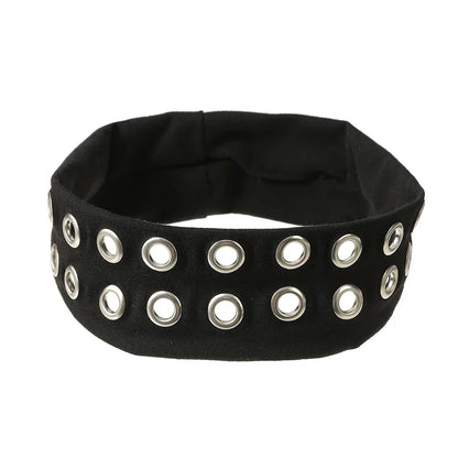 Black fabric women wide headbands with two rows of silver-toned metal grommets solid color punk metal music headband
