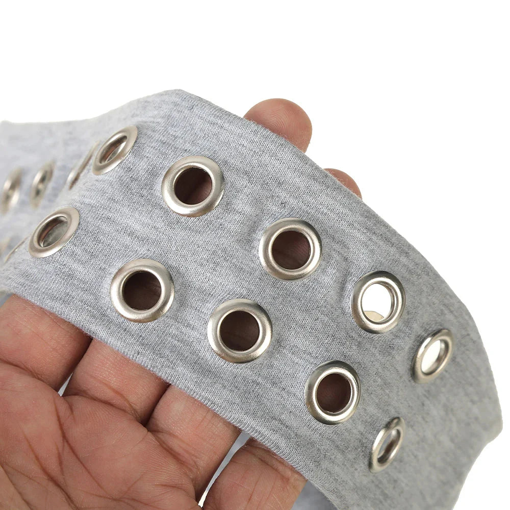 Gray stretchy solid color punk metal music headband for women wide headbands with silver-toned metal grommets