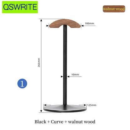 Black curved metal headphone holder with solid walnut and beech wood top for game headphone hanger and earphone storage