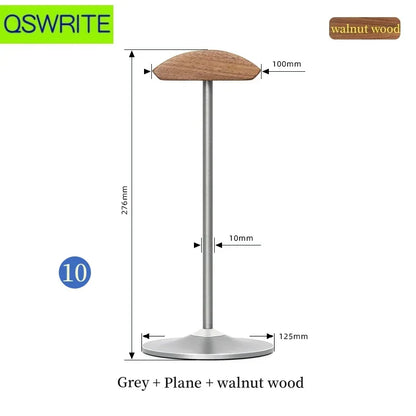 A sleek qswrite standing desk lamp with walnut wood top and silver metal pole paired with beech wood headphone stand metal headphone holder