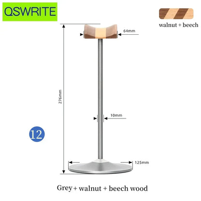 A sleek 276mm tall solid walnut and beech wood headphone stand with grey metal base and stem game headphone hanger