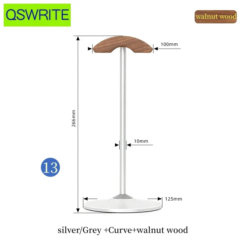 A sleek silver and grey metal headphone holder with a curved walnut and beech wood top for game headphone storage