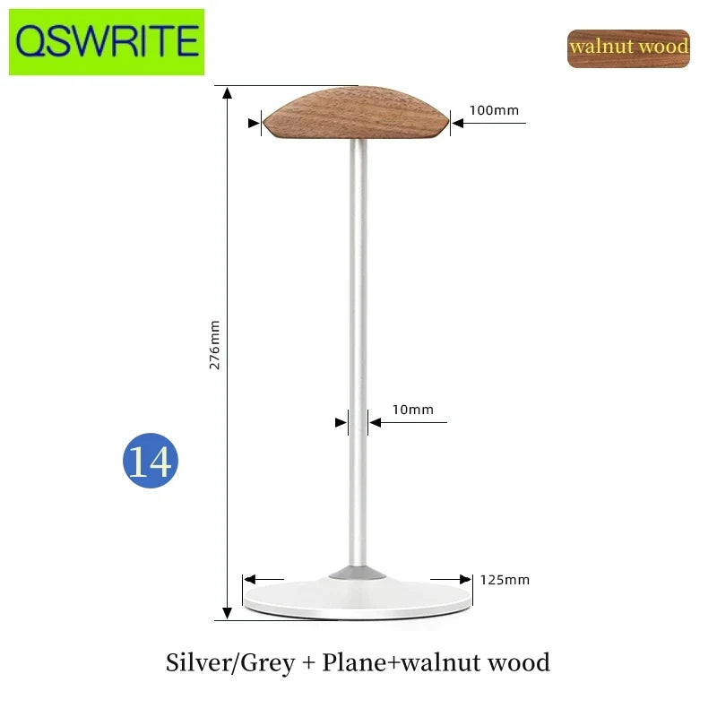 A sleek 276mm tall metal headphone holder with silver grey base and warm walnut wood cap for beech wood headphone storage