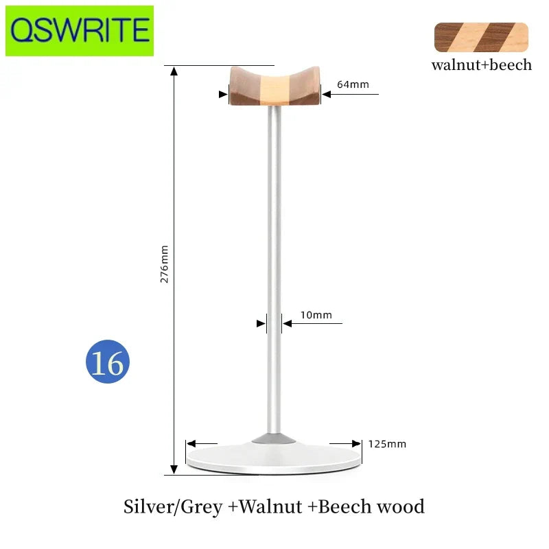 Silver and grey metal headphone holder with walnut and beech wood top, 276mm tall beech wood headphone stand