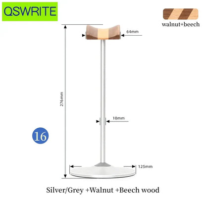 Silver and grey metal headphone holder with walnut and beech wood top, 276mm tall beech wood headphone stand