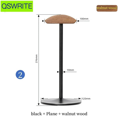 A sleek black and walnut beech wood headphone stand with a 125mm metal base for game headphone hanger use