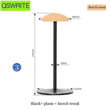 A sleek black metal headphone holder with a curved beech wood top for game headphone hanger and earphone storage