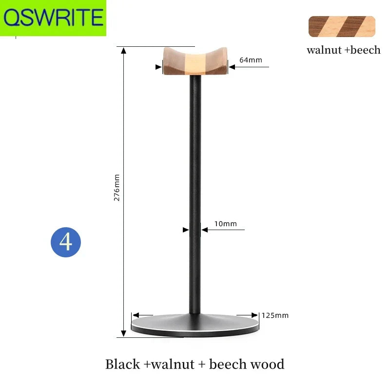 Black metal headphone stand with solid walnut and beech wood top 276mm tall game headphone hanger and metal headphone holder