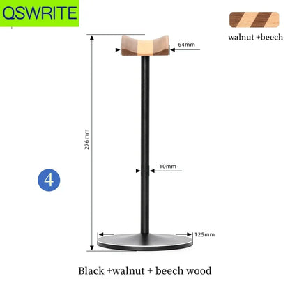 Black metal headphone stand with solid walnut and beech wood top 276mm tall game headphone hanger and metal headphone holder
