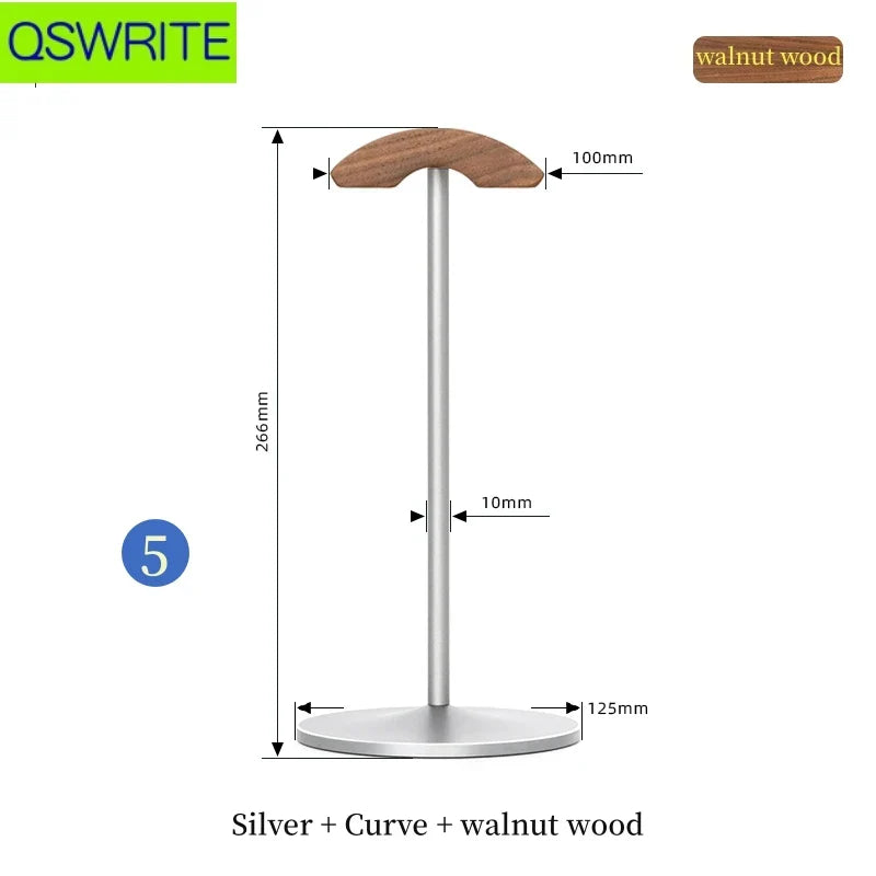 Silver and walnut wood headphone stand with curved top metal headphone holder and beech wood headphone game hanger