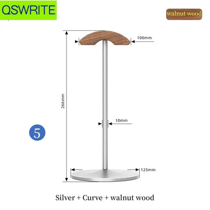 Silver and walnut wood headphone stand with curved top metal headphone holder and beech wood headphone game hanger