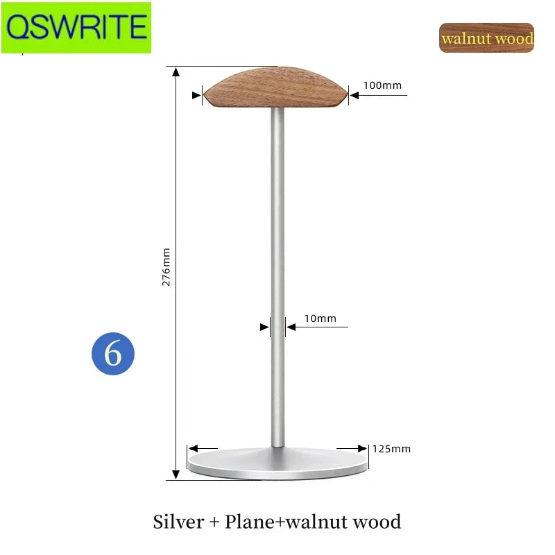 Silver and walnut wood standing desk lamp with sleek minimalist design shown with beech wood headphone metal holder
