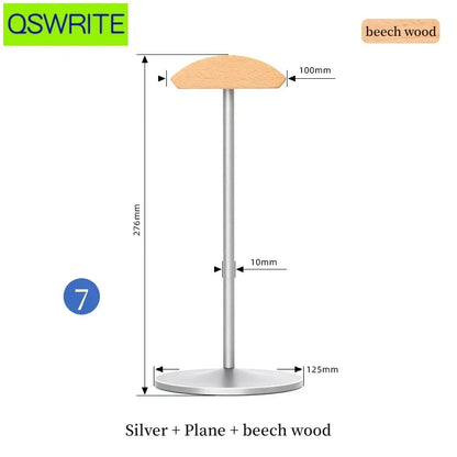 Solid walnut and beech wood headphone stand with silver metal headphone holder and rounded flat top for game headphone hanger
