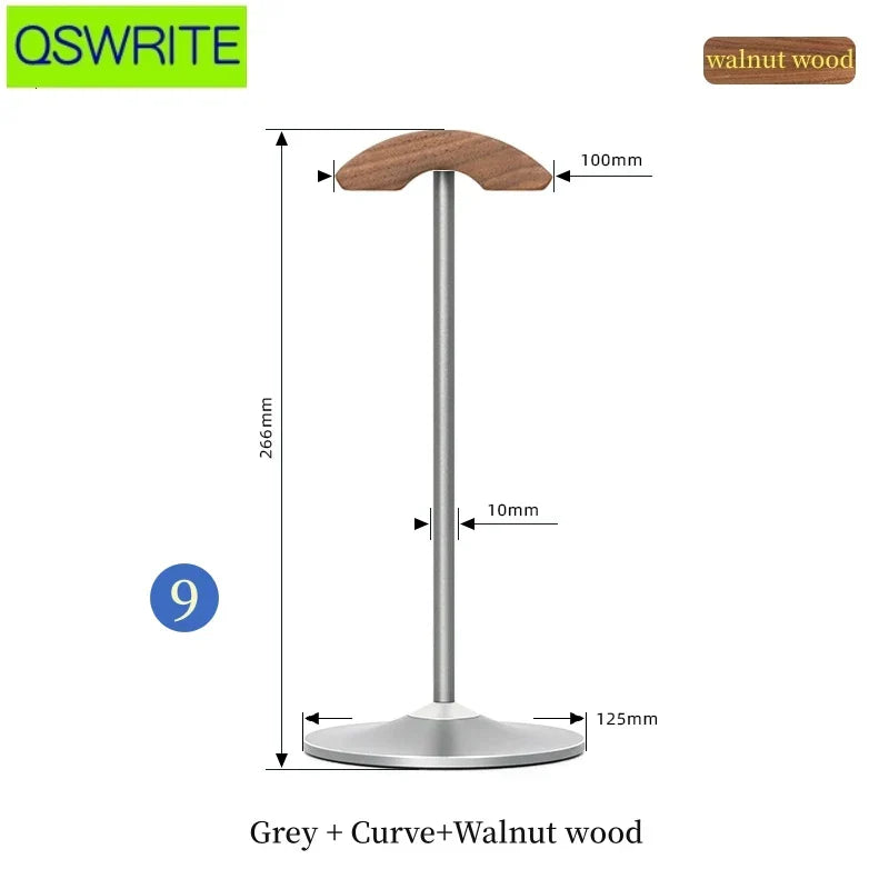 A sleek 266mm tall beech wood headphone stand with curved walnut top and grey metal headphone holder base for gaming use