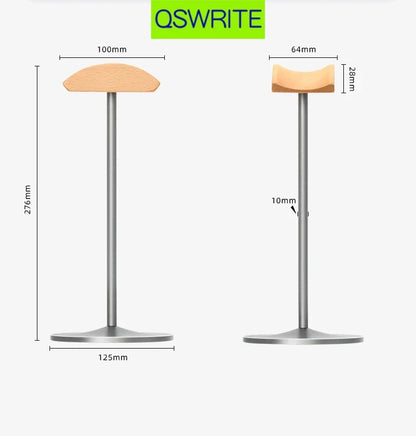 Adjustable height wooden headrest stand with solid walnut and beech wood headphone holder and sleek metal pole base