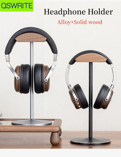 The qswrite metal headphone holder features a solid walnut and beech wood design with alloy stand in silver and black