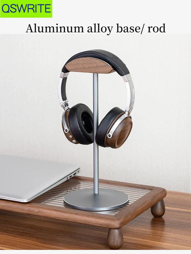 Silver aluminum alloy metal headphone holder with wooden top and base featuring a sleek beech wood headphone stand design