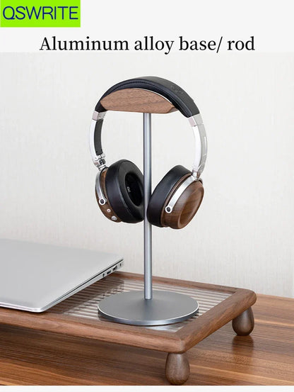 Silver aluminum alloy metal headphone holder with wooden top and base featuring a sleek beech wood headphone stand design
