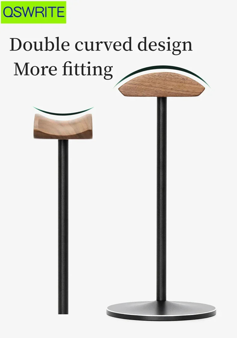 Solid walnut and beech wood headphone stand with wooden double-curved headrest and black metal headphone holder base