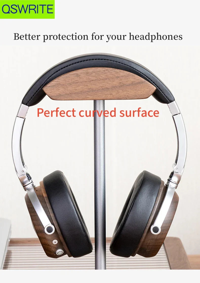 Solid walnut and beech wood headphone stand with sleek silver metal headphone holder and black leather accents for gaming