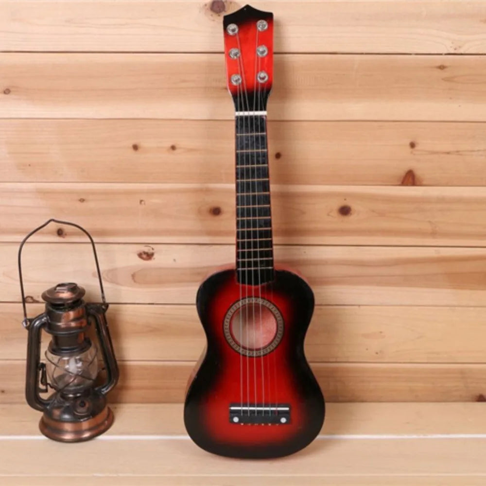 Red and black sunburst-finish solid wood children’s classical guitar with adjustable string knob and durable sound quality