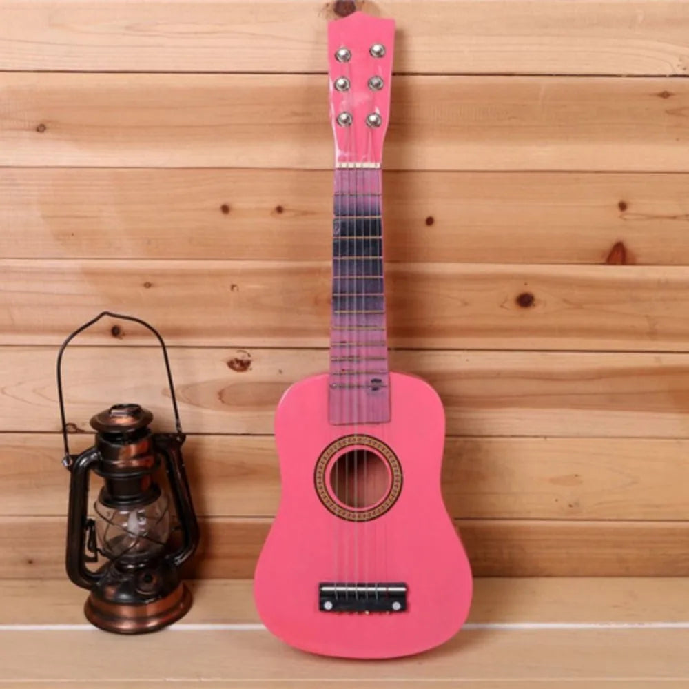 A vibrant pink solid wood children’s guitar classical adjustable with adjustable string knob and sound quality durable design