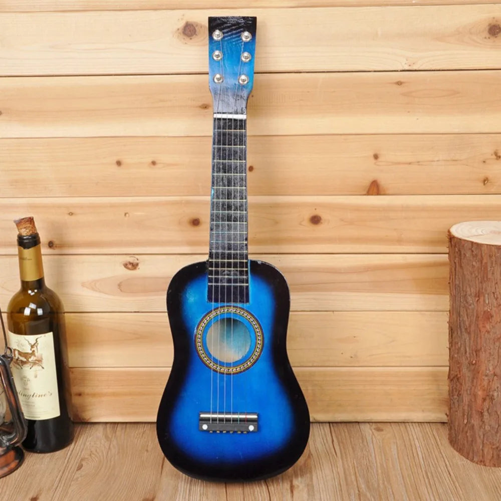 A vibrant blue solid wood children’s guitar classical adjustable with glossy finish and gold-trimmed soundhole rosette